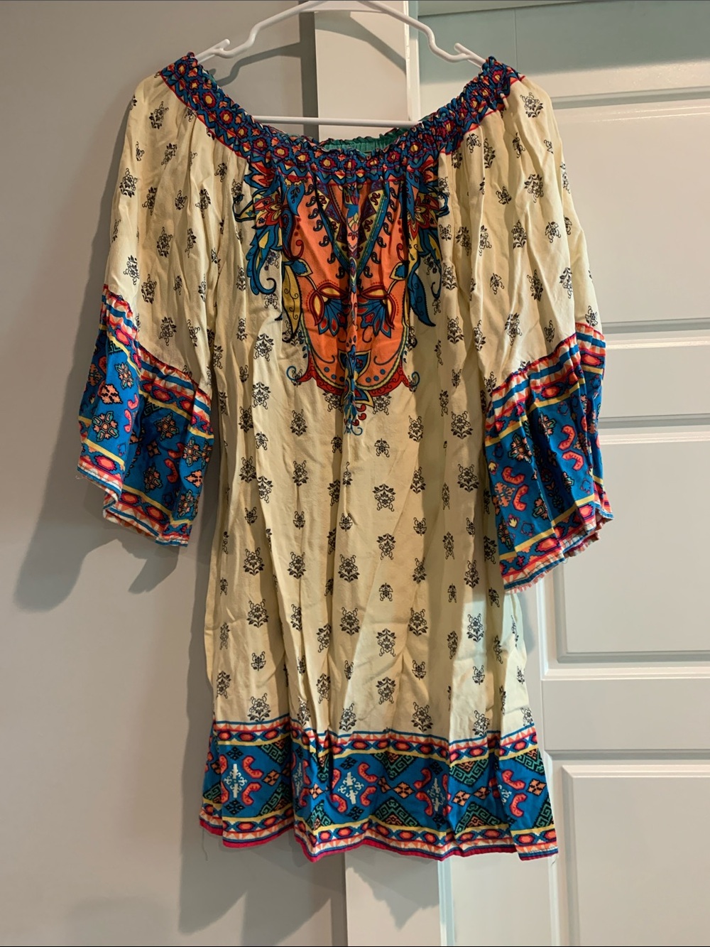 Flying Tomato Cream Mini Dress with Blue and Orange Embroidery